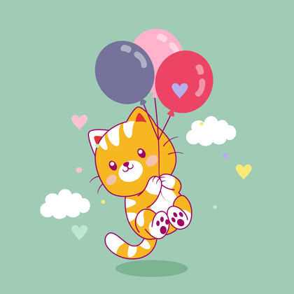 绘画可爱的猫和气球一起飞可爱气球猫