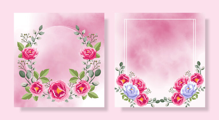 现代鲜花名片粉色花朵套装画框粉彩
