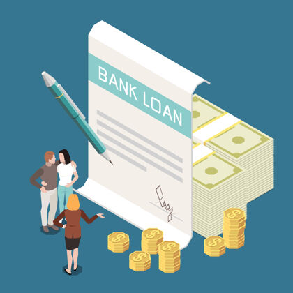 银行银行贷款期限利率等距组成与纸币硬币堆协议签订背景信贷等轴测贷款