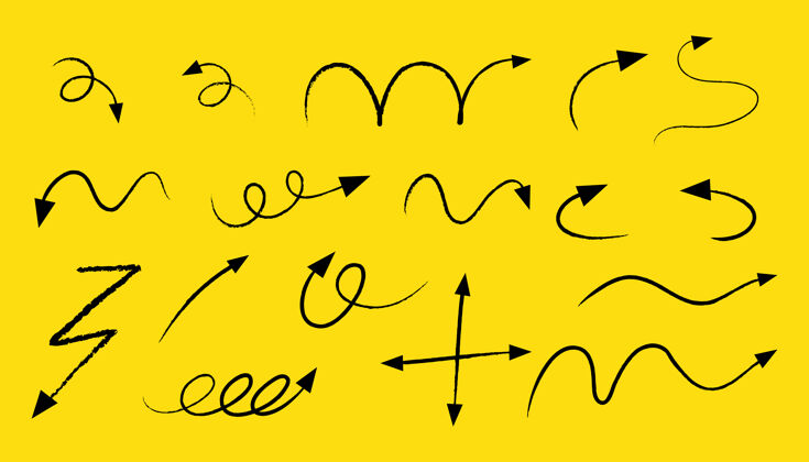 形状黄色背景上不同类型的手绘曲线箭头框架手剪辑