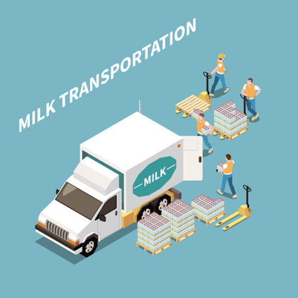 交货牛奶运输和物流概念与牛奶产品符号等距产品概念船舶