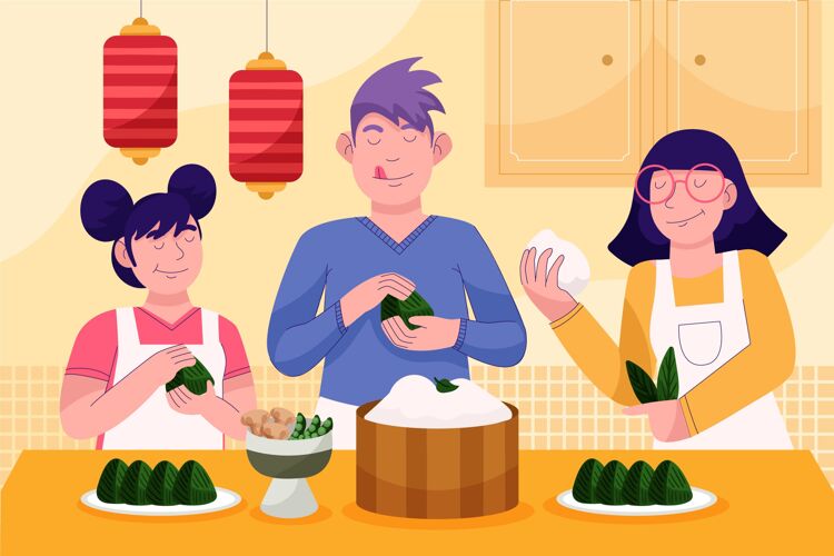 米饭卡通龙舟一家准备吃粽子插画活动赛舟传统
