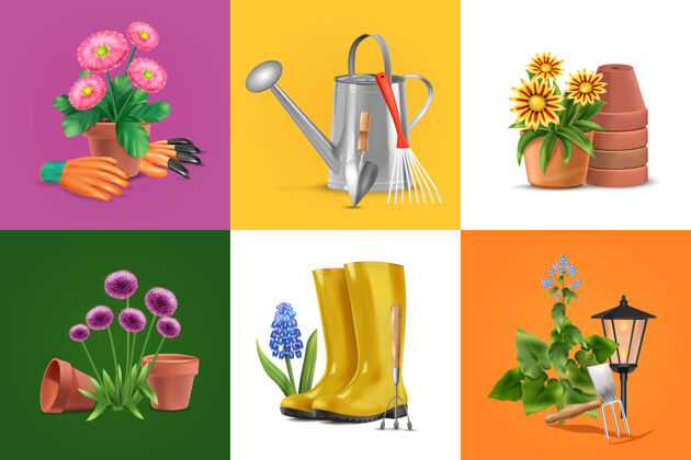 花写实的花园设计概念与花卉和靴子插图铲工具桶