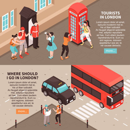 旅游游客在伦敦横幅与信息观光旅游和地标等距等距水平观光