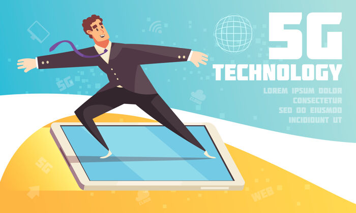 飞行互联网技术水平插图与卡通男性人物站在智能手机屏幕飞越世界互联网人物水平
