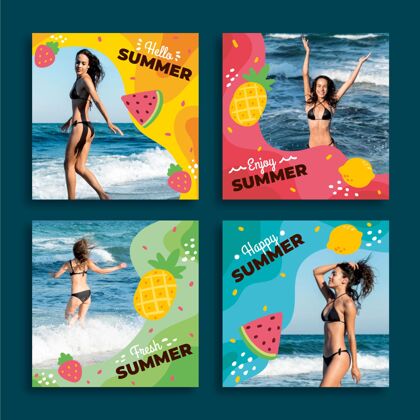夏季手绘夏季instagram帖子集附照片包装套装社交媒体模板