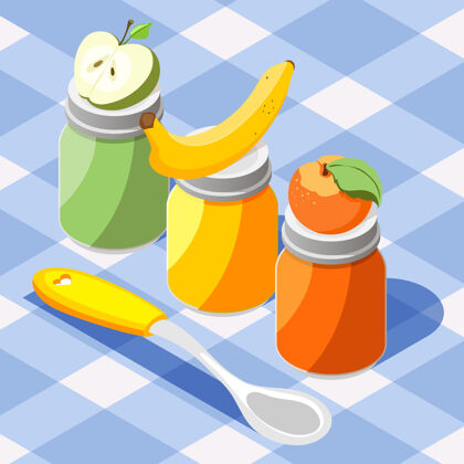 水果婴儿喂养产品等距彩色组成与苹果香蕉桃果泥罐桌布插图桌布等长苹果