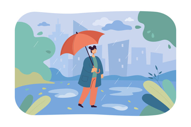 下雨雨中带伞的女人在城市里享受秋天和雨天的女孩公园雨伞外面