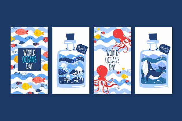 海洋手绘世界海洋日instagram故事集社交媒体故事网络模板庆典