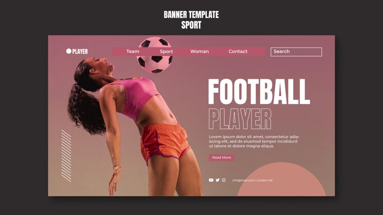 身体运动横幅模板与女子踢足球的照片水平锻炼生活方式