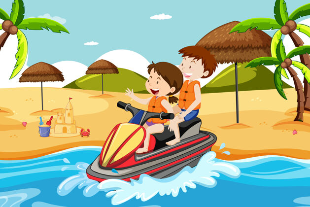 船孩子们驾驶摩托艇的海滩场景活动年轻海洋