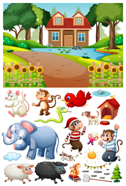 家庭一个房子在自然场景与孤立的卡通人物和对象猴子狗农场