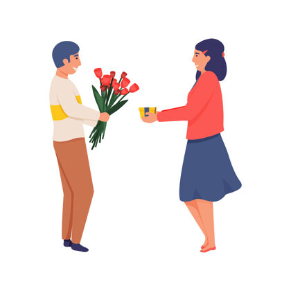 问候快乐的女人拿着礼物盒 男人拿着一束鲜花交换礼物快乐享受单位
