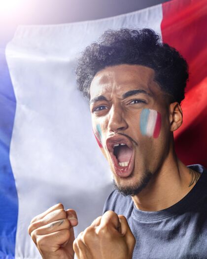欢呼手持法国国旗的欢呼者足球比赛垂直旗