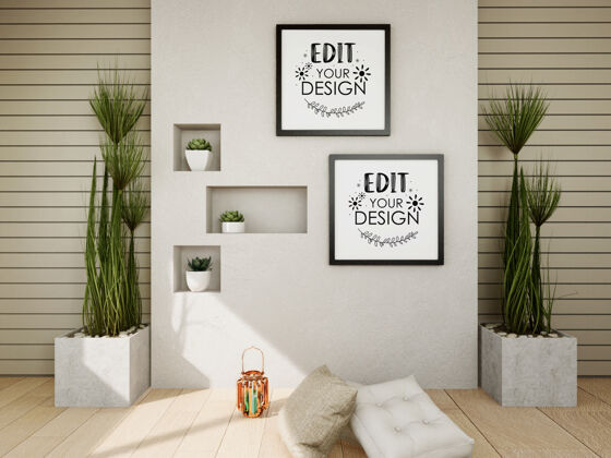 房间海报框架模型在墙上与植物家具三维墙墙