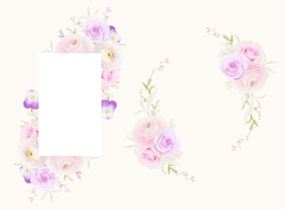 画框美丽的花架与水彩玫瑰 毛茛和三色堇花花卉植物玫瑰