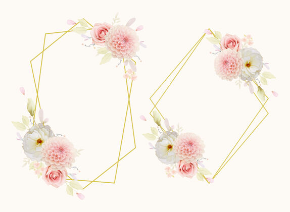 画框美丽的花环与水彩玫瑰和粉红色大丽花优雅手绘玫瑰