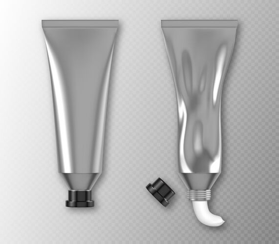 空白银管包装 带护手霜牙膏或白色油漆 隔离在透明墙上 真实的d空白铝制容器模型 带黑色盖子透明护理牙科