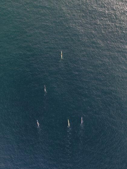 海洋空中垂直拍摄的人在皮划艇划水在平静清澈的海水湖泊皮划艇独木舟