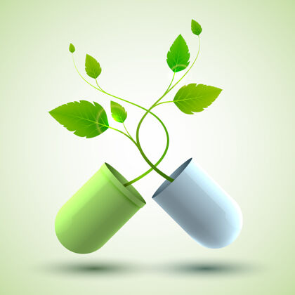 医药医学设计海报与原来的药用胶囊组成的绿色和蓝色的部分和叶子作为生命的象征插图胶囊传单套装