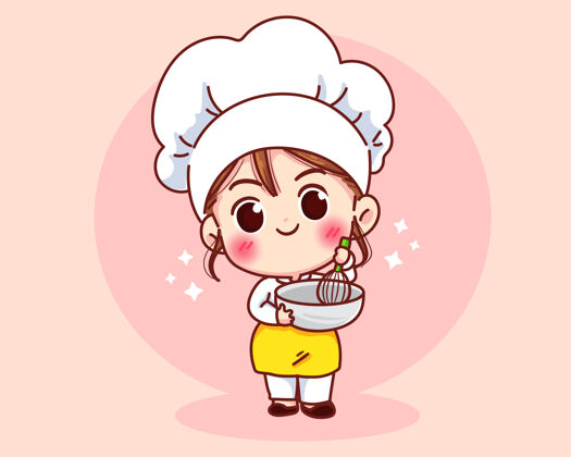烹饪可爱的面包店厨师女孩微笑制服吉祥物卡通艺术插图职业卡通食物