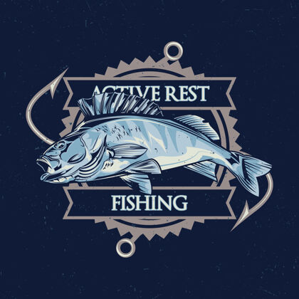 海洋航海主题t恤设计与鱼的插图鱼竿渔民鲑鱼
