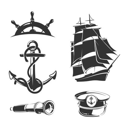 Black航海元素为老式标签锚标签 航海徽章 船舶航海 航海徽章船插图帆船Logo剪影
