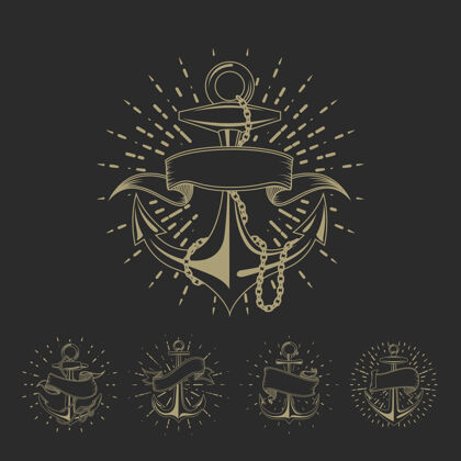 古董船锚水手纹身集或老式航海插图收集船锚与丝带插图草图航海水手钩子