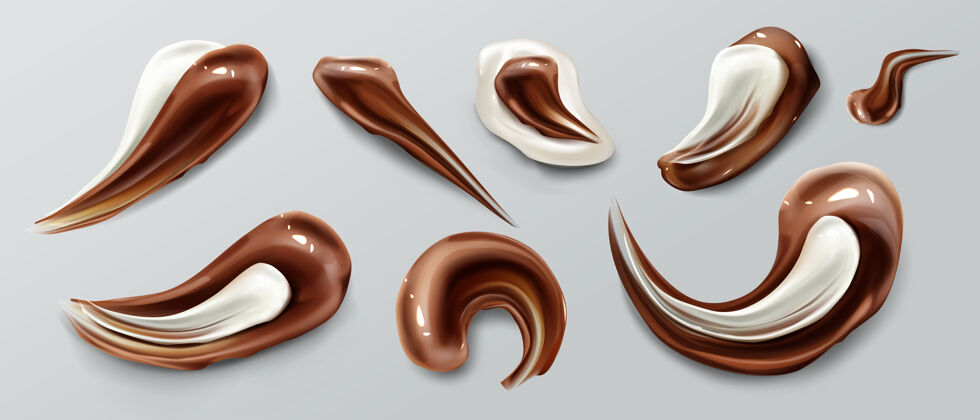 漩涡巧克力笔触棕白色液体涂抹干果酱或糖浆污渍和融化污渍隔离设计现实滴