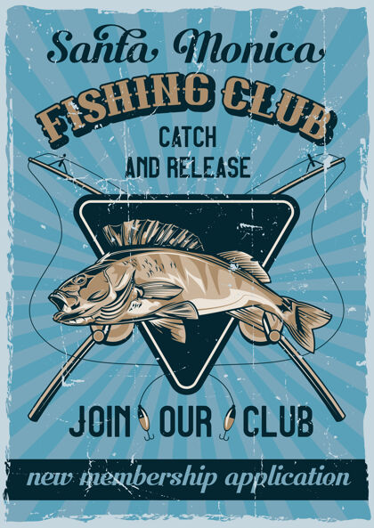 鲑鱼航海主题复古海报设计与鱼插图海报钓鱼河流