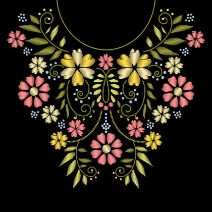装饰领口线刺绣花卉图案插图线条民族花卉