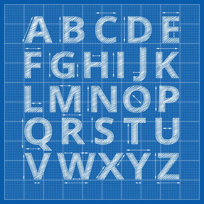 几何学蓝图字母表起草蓝图纸字母涂鸦字体模板