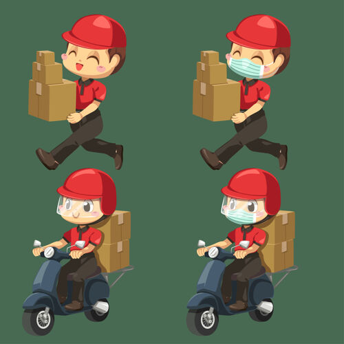 邮件送货员穿着制服 戴着帽子 用一叠包裹箱走路 骑着摩托车 用卡通人物 孤立的平面插图发给客户红色分配器邮政