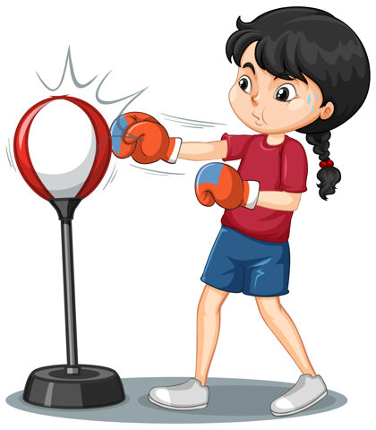 女一个女孩卡通人物在做拳击练习练习盒子容器