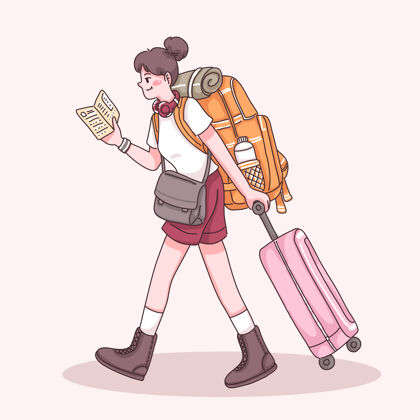 假日年轻的旅行家妇女背着背包 拖着手提箱 在看卡通人物的地图指南 平面插图旅行远足地点