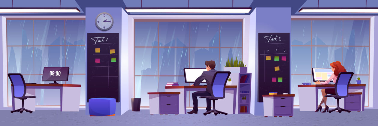 工人人们在办公室工作 窗外下雨监视器电脑男人
