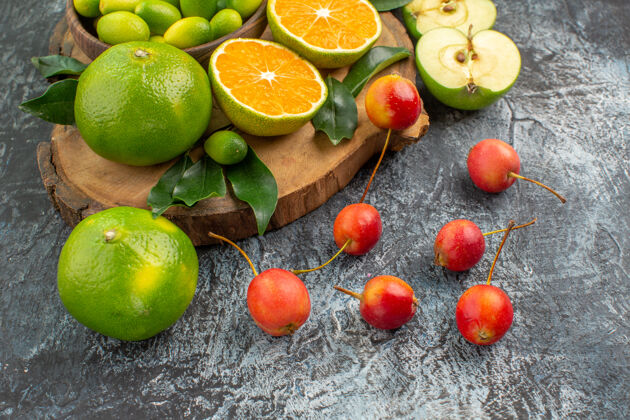 健康侧面特写查看水果开胃浆果水果板上有机壁板柑橘