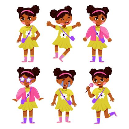 孩子平面手绘不同姿势的黑人女孩黑人女孩收集可爱