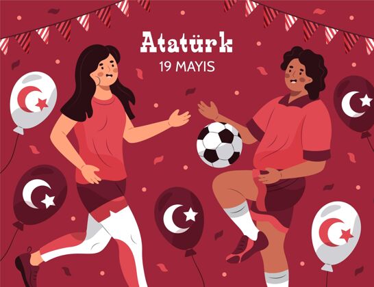 土耳其手绘纪念阿塔图尔克 青年和体育日插图青年国旗土耳其国旗