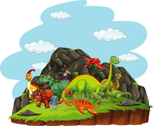 火山自然场景中的恐龙卡通人物大型暴龙动物群