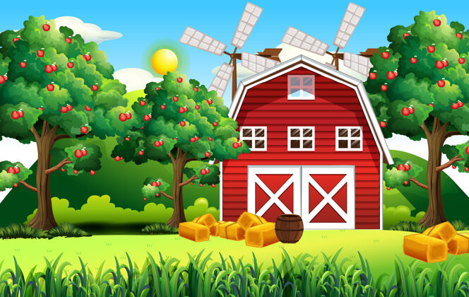乡村有红色谷仓和风车的农场场景树建筑谷仓
