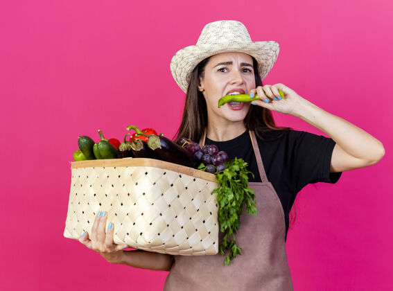 胡椒看着镜头美丽的园丁女孩穿着制服戴着园艺帽拿着菜篮子咬着辣椒隔离在粉红色的背景上花园相机帽子