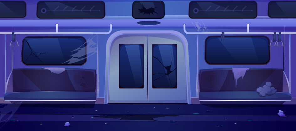 火车旧地铁车厢内空脏地铁车厢内在晚上通勤车辆车厢