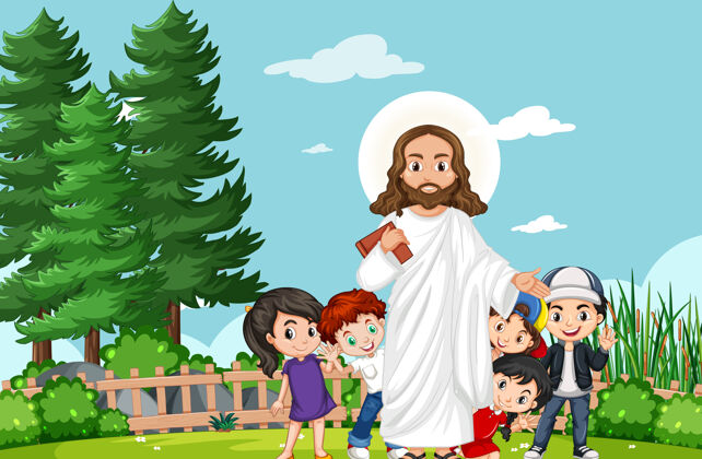 人物耶稣和孩子们在公园里耶稣孩子风景