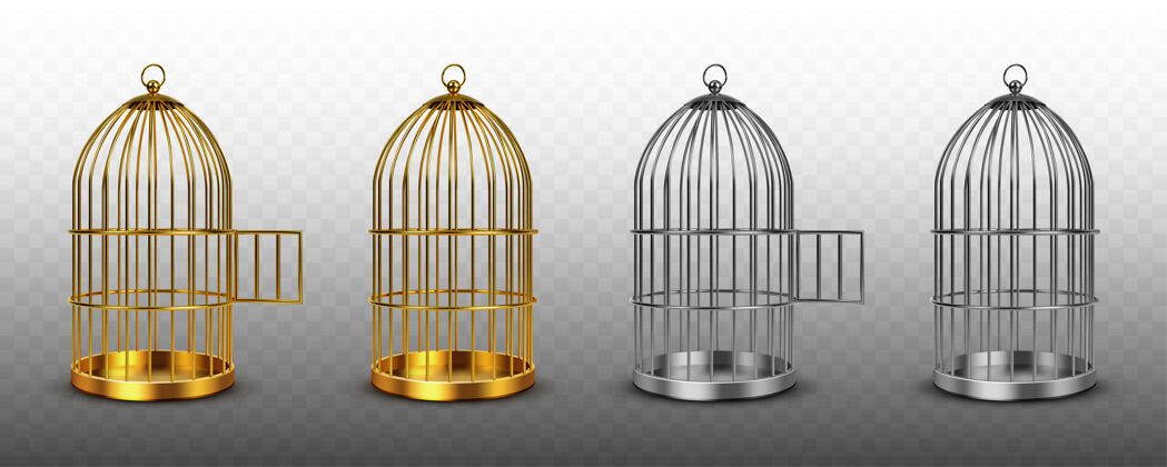 金属鸟笼 金色和银色的老式空鸟笼门自由电线