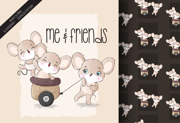 集可爱的动物老鼠玩无缝模式无缝鼠标朋友