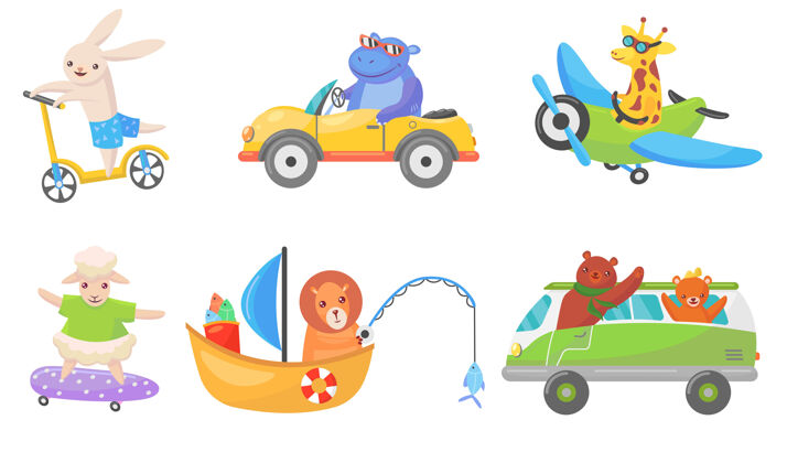 可爱有趣的动物运输单位吉祥物集汽车骑船