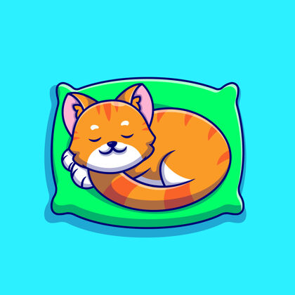 纯种可爱的猫睡在枕头卡通图标插图猫欢呼朋友