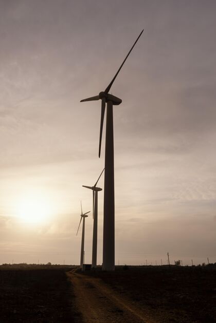 可持续发展日落时风力涡轮机发电的侧视图能源绿色能源风力发电