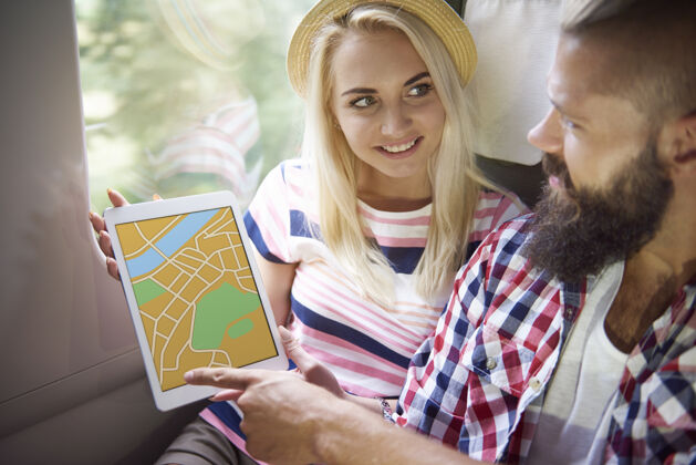 旅行年轻女子展示城市地图观光情侣数码平板草帽
